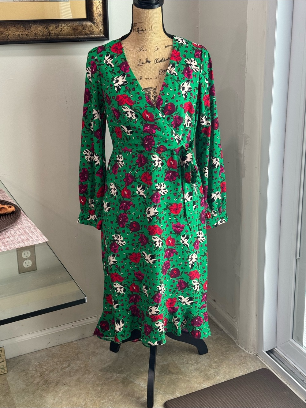 Green Floral Long Sleeve Wrap Dress